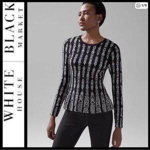 White House Black Market Black and White Vertical Patterned Long Sleeve Top